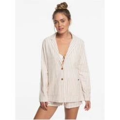 Roxy Day To Night Striped Linen Blazer In Cafe Creme (Tjb3) Jacket
