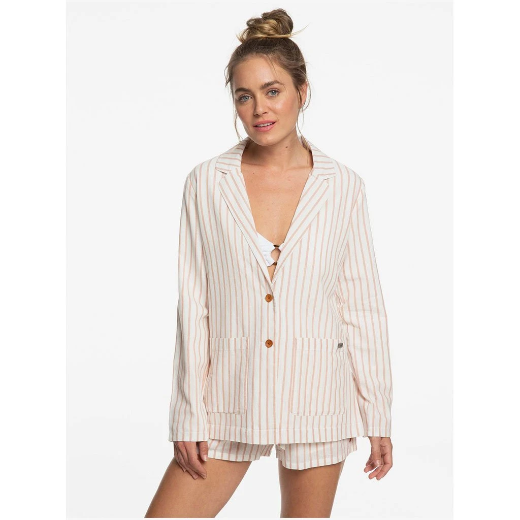 Roxy Day To Night Striped Linen Blazer In Cafe Creme (Tjb3) Jacket